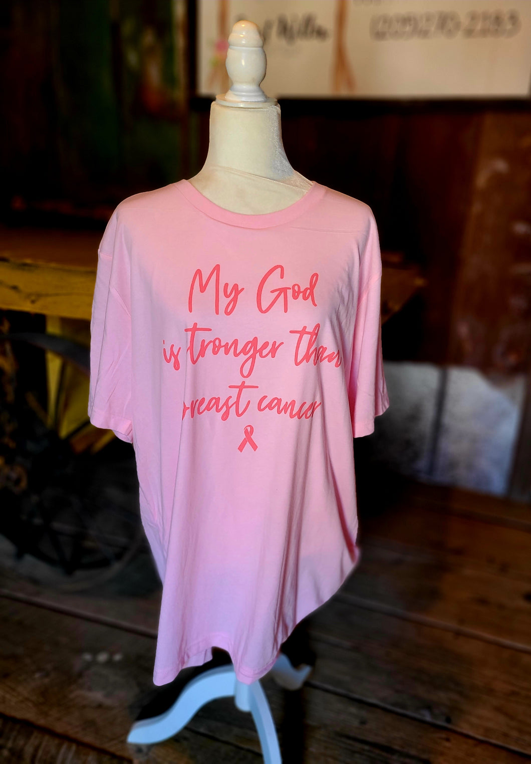 Breast cancer shirt-my God is stronger