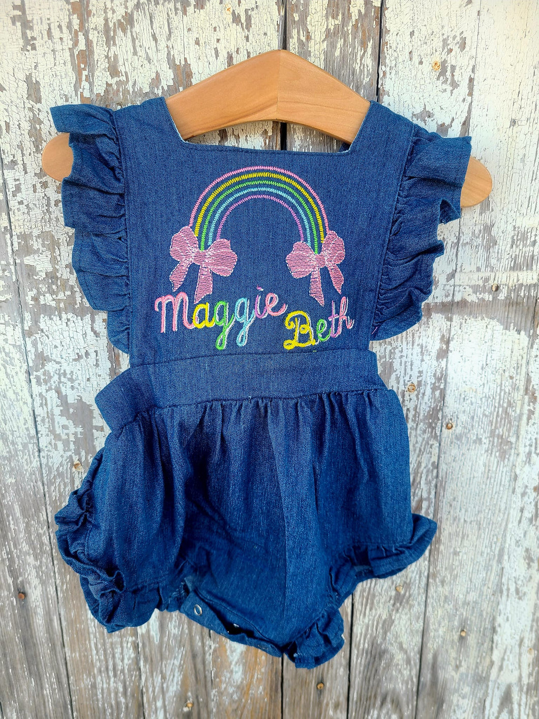 Embroidered Custom Name Bubble-Monogram Denim  Bubble Romper